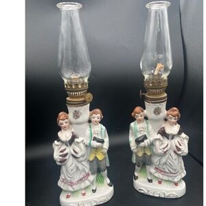 Vintage Pair Japan porcelain oil lamps mid century Mantel Man/Women